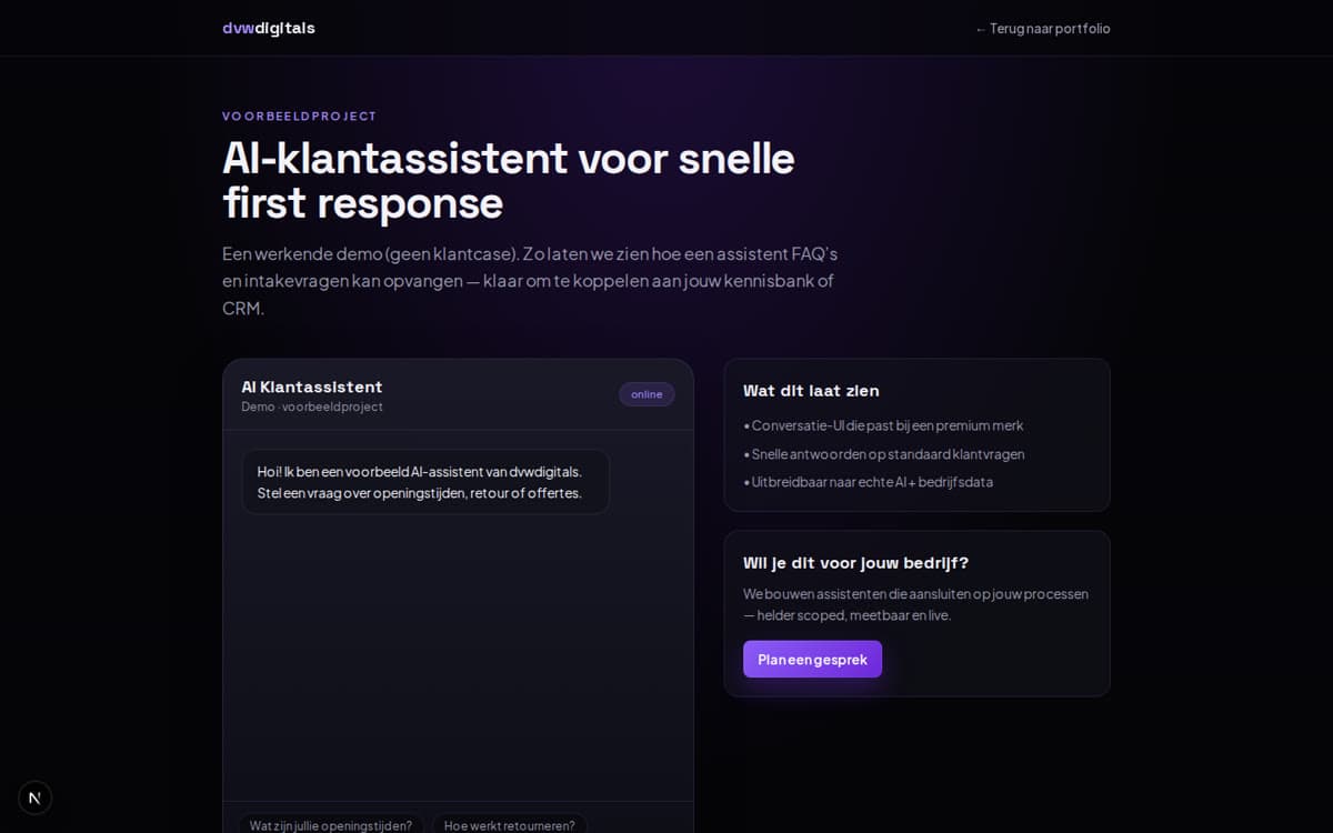 Screenshot van de AI-klantassistent demo